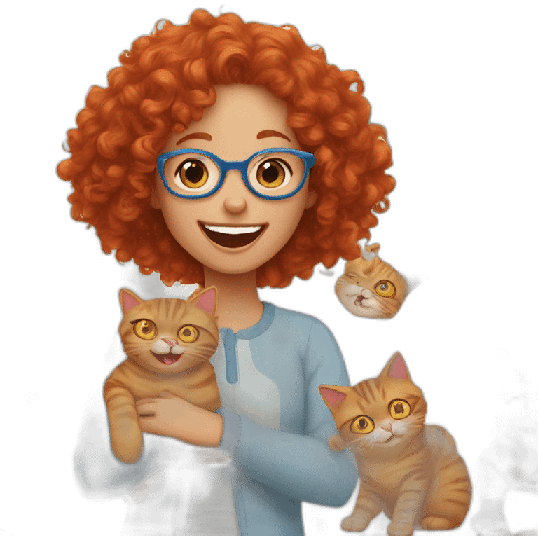 a girl with red curly hair and blue glasses laughing out loud with many cats emoji