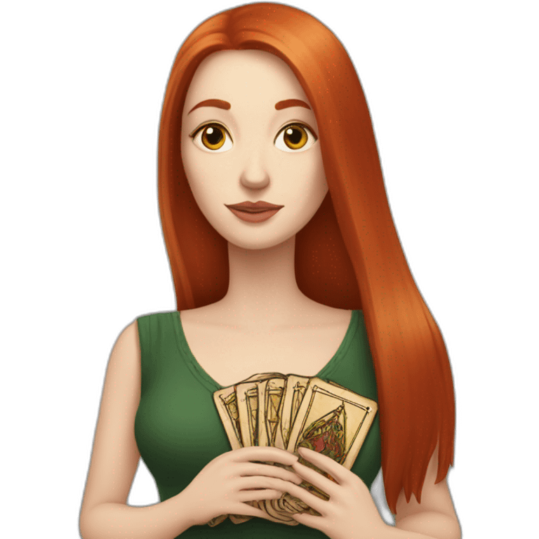 redhead white woman medium long straight hair, holding a tarot card in her hand emoji