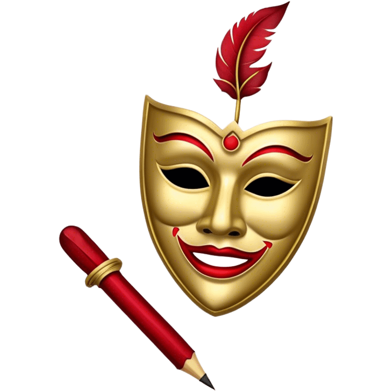 Create a bold and dramatic emoji representing the art of playwriting. The design should feature an open script or a theater playbook, with stylized text inside. Include elements like a theatrical comedy and tragedy masks, a stage spotlight, or a writting quill to symbolize creativity and performance. Use deep, contrasting colors like red, black, and gold to evoke the intensity and passion of drama. The overall design should feel dramatic, inspiring, and artistic. Make the background transparent. emoji