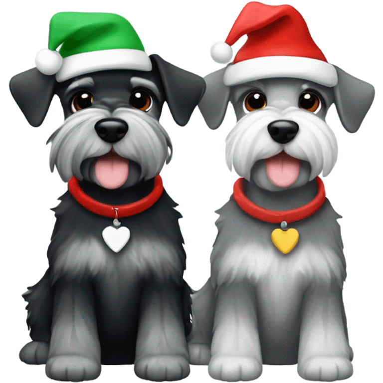 2 miniature schnauzers, 1 grey and 1 black, wearing Christmas hats with a heart emoji