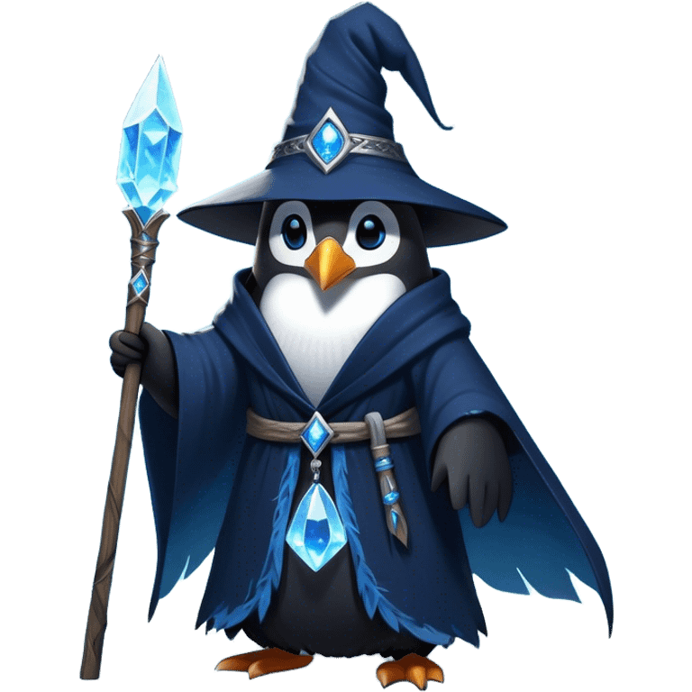 A mysterious penguin mage with sleek midnight-blue feathers, wearing a flowing black robe adorned with silver runes. A tall, pointed wizard hat sits slightly tilted on his head, the brim casting a shadow over his glowing icy-blue eyes. His flipper clutches an ancient wooden staff topped with a swirling crystal, radiating a soft, cold light. Snowflakes drift around him as he stands on a frozen cliff, his aura crackling with arcane energy, ready to summon a blizzard with a flick of his staff. emoji