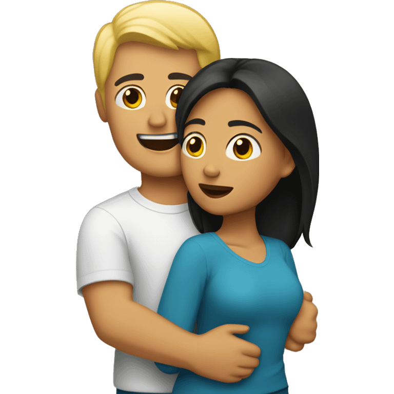 Blond man and hispanic woman hug each other emoji