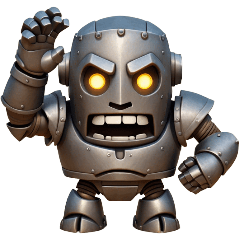 Cinematic Comical Mighty Iron Golem Portrait Emoji Head tilted dramatically with an exaggeratedly amused expression, featuring a bulky, armored form with a slightly lopsided stance, ancient runes flickering erratically, and one massive, jointed hand raised in a slow, deliberate wave. Wide, expressive glowing eyes give it an almost humorous, puzzled look, as if it’s contemplating something far beyond mortal understanding. Rendered with detailed metallic textures and deep, dynamic lighting, high shine, dramatic yet whimsical, styled with a hint of unexpected charm, soft glowing outline, capturing the essence of an endearing yet colossal guardian that looks ready to crack an impossibly slow, earth-shaking joke! emoji