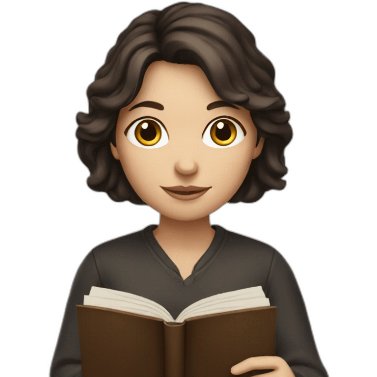 White woman with dark brown hair holding a book emoji