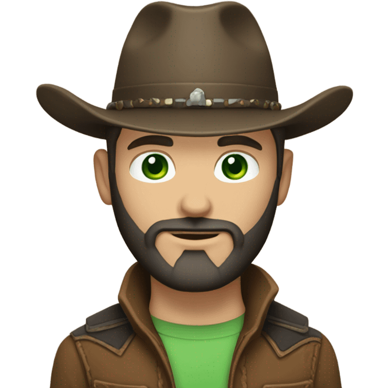 Caucasian male with green eyes, a dark beard dressed as a cowboy with short hair emoji