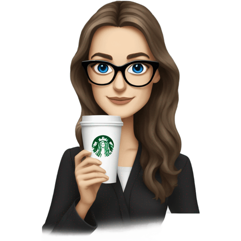  ⁸lHyper Realistic Photo keireav Knightly wearing black glasses and blue eyes holding Starbucks  emoji