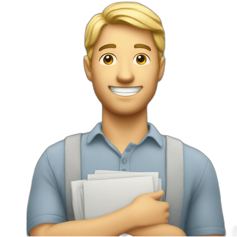 A smiling man holding a gray apartment building in his hand emoji