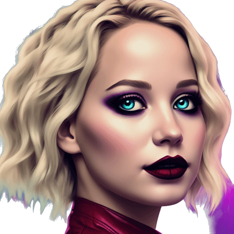 Synthwave Jennifer Lawrence in Harley Quinn style, oil paint, mysterious eyes, intricate lips, masterpiece portrait, odd perspective, beautiful, desirable, logical emoji