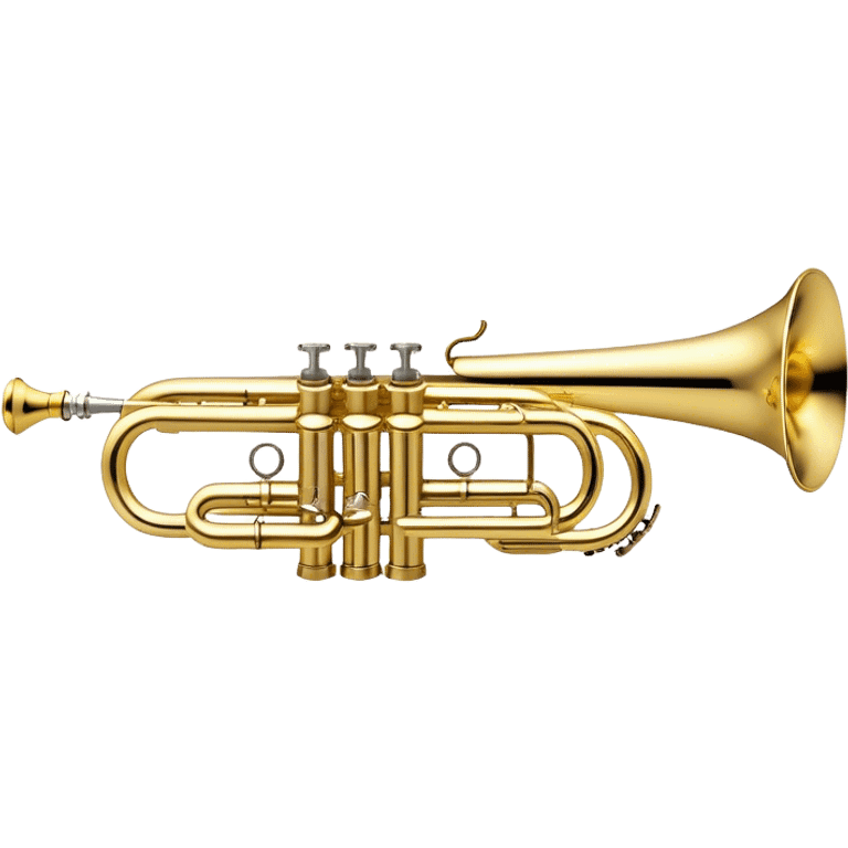 Create a professional and polished emoji representing the Brahner trumpet. The design should showcase the shiny brass body of the trumpet, with its distinct valves and bell. Highlight the smooth curves of the tubing and the elegant flared bell at the end. The valves should be visible with their metal buttons, and the mouthpiece should be positioned at the top of the instrument. Use bright gold and brass tones with reflective light effects to emphasize the trumpet’s polished, high-quality finish. Add subtle musical notes around the trumpet to evoke its bright, bold sound. The background should be transparent. emoji