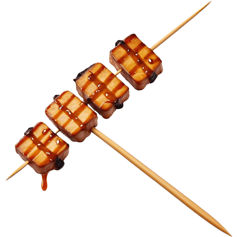 Cinematic Realistic Satay Dish Emoji, depicted as skewered, marinated meat grilled to perfection rendered with rich, smoky textures and dynamic, appetizing lighting. emoji