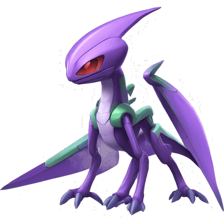 a shiny purple Genesect-Flygon-Raptor-Fakémon—hybrid with a futuristic visor-helmet full body emoji