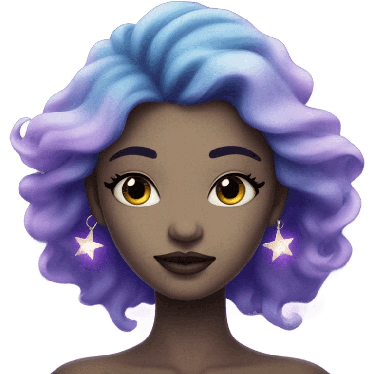 mystical woman with white skin with sparkling galaxy hair with moon and stars in purple and blue shades emoji