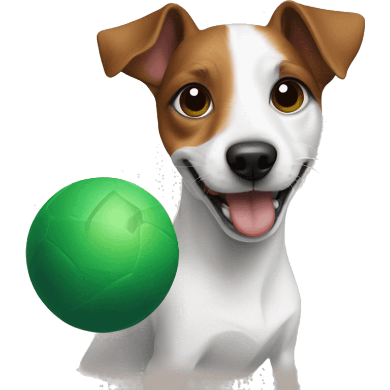 Jack Russell dog with brown eyes holds a green ball in his teeth emoji