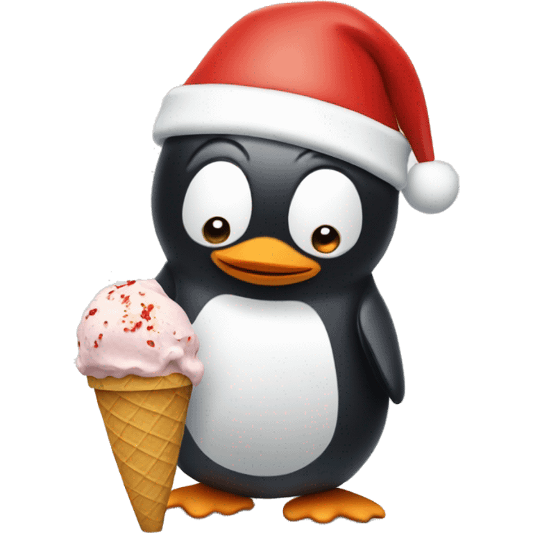 Penguin wearing Santa hat eating ice cream emoji