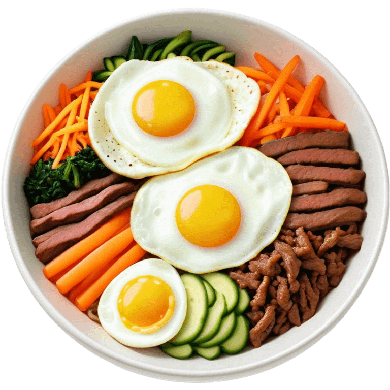 Cinematic Realistic Bibimbap Dish Emoji, showcasing a colorful bowl of mixed rice, assorted vegetables, beef, and a fried egg rendered with lifelike detail and vibrant, harmonious lighting. emoji