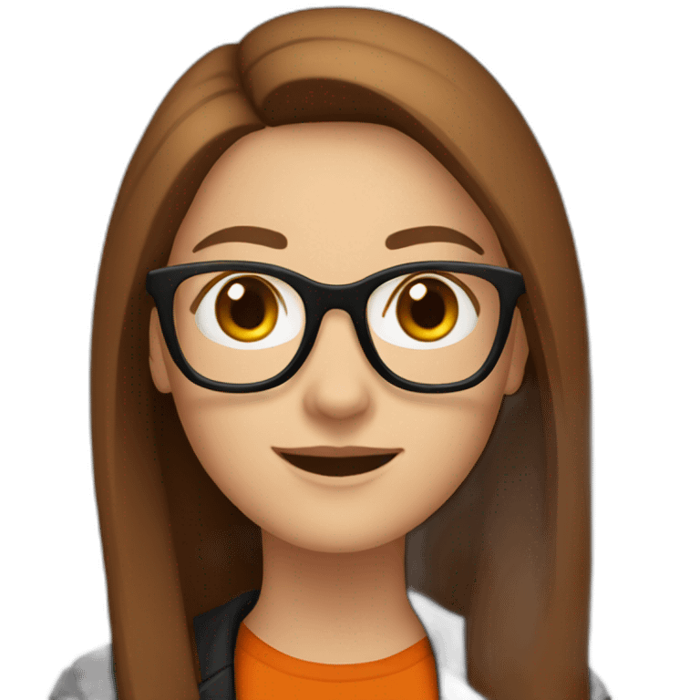 white woman with glasses with long straight brown hair waving wearing a dark orange shirt and black jacket emoji