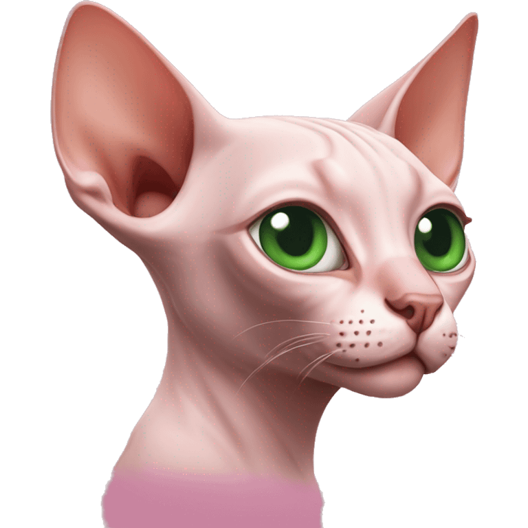 Pink sphinx cat with green eyes uses new airpods emoji