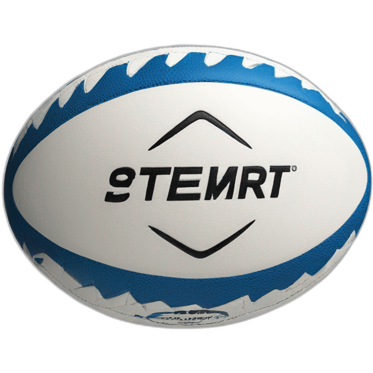 An oval GILBERT rugby ball, with four leather panels and hexagonal and pentagonal patterns, the colors are white and blue, with black lettering and logos emoji