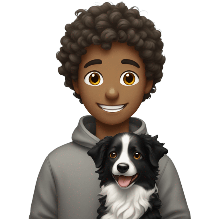 A happy curly-haired boy in a sweatshirt holds a border collie emoji