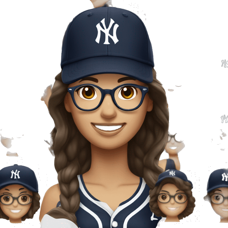 Brunette women smile with glasses New York Yankees cap and jersey  emoji