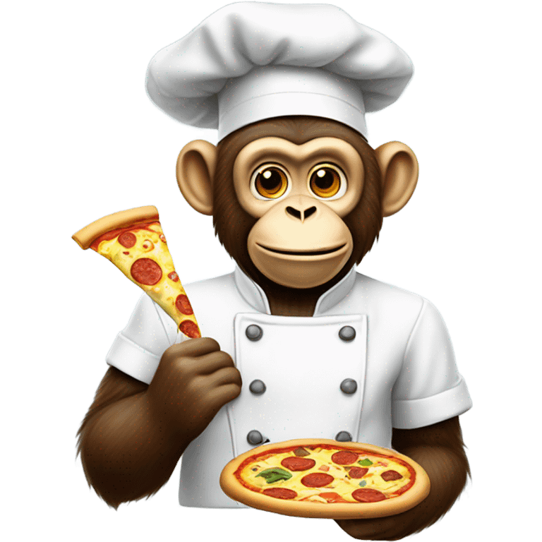 A monkey wearing a tiny chef hat, cooking a pizza with bananas emoji