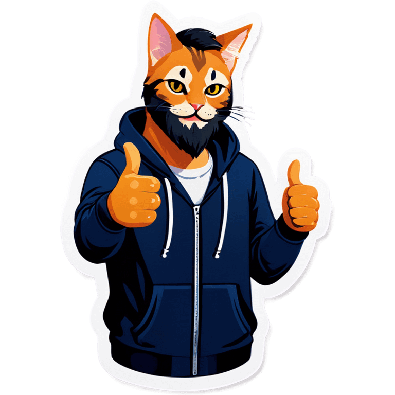 Cat with beard and hoodie , thumbs up emoji