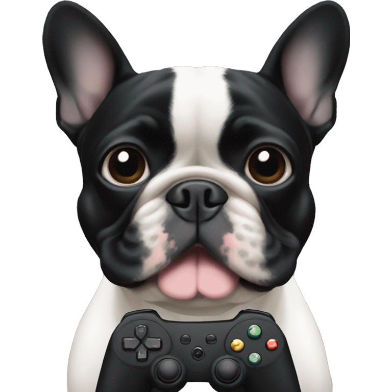 All black French bulldog playing video games emoji