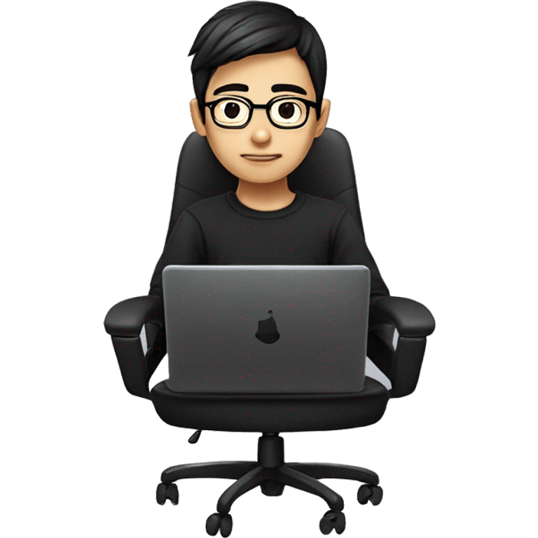 asian boy with glasses, long long straight hair, wearing black clothes , working on his laptop seating on a gaming chair emoji