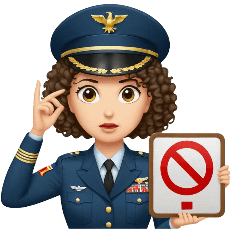 A female military general with medium length curly hair holding a sign that says no emoji