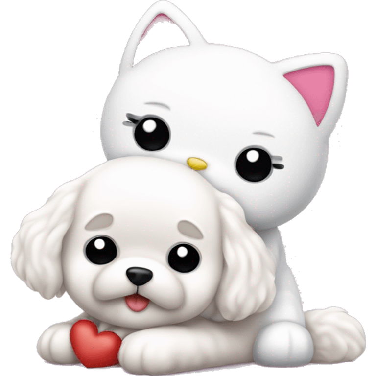 hello kitty cuddling with bichon frise dog emoji