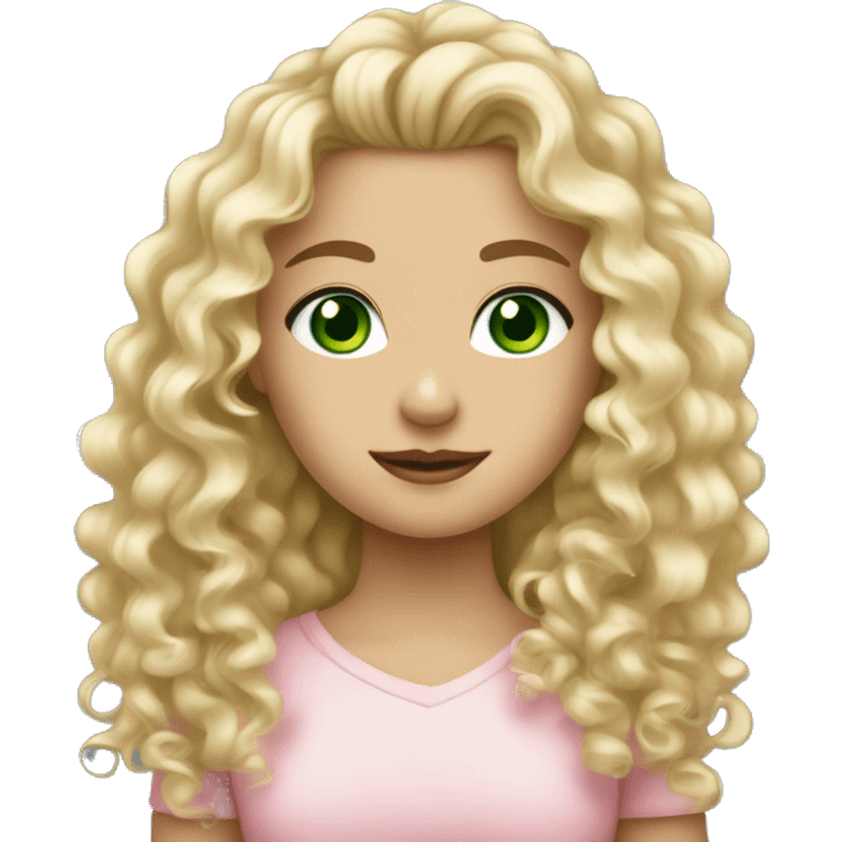 Dirty blonde curly hair, fair skin, green eyed blonde girl wearing light pink emoji