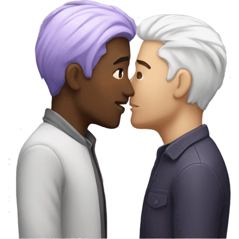 Two men kissing, one of them black, and the other white with lavender hair emoji