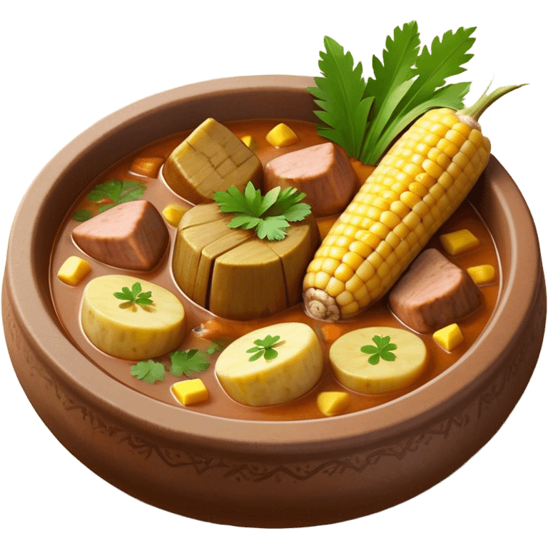 Cinematic Realistic Sancocho Antioqueño Emoji, depicting a hearty Colombian stew brimming with tender cuts of meat, yuca, plantains, corn on the cob, and potatoes in a rich, flavorful broth. Served in a rustic clay bowl with fresh cilantro and lime on the side, rendered with warm, inviting textures and homely, comforting lighting. emoji