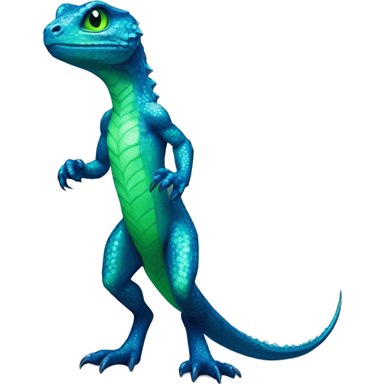 A Cyan Shiny Glossy Anthro-Lizard-Reptile-Salamandrian-Fakémon with dark-blue patterns and light-green belly Full Body emoji