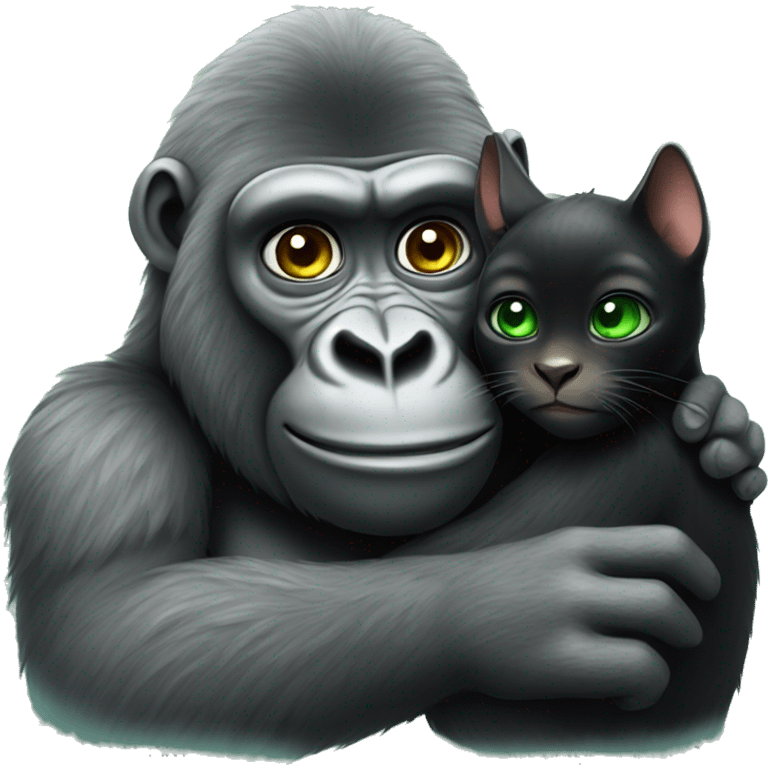 Friendly gorilla hugging a black cat with green eyes emoji