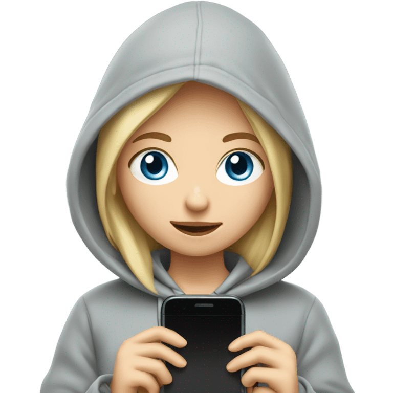 A blond girl with blue eyes that is wearing a grey hoodie and has a phone emoji