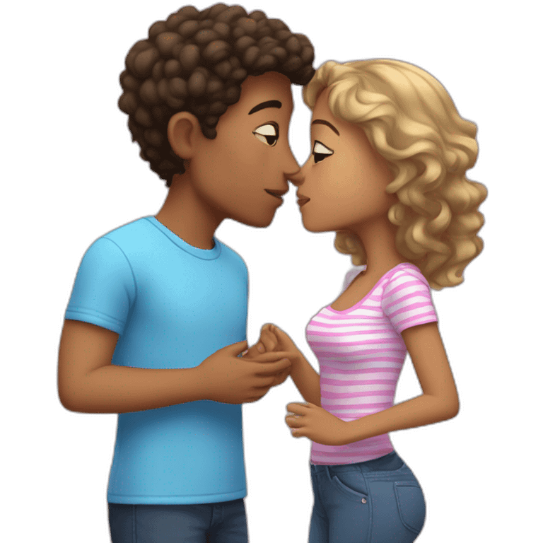 Mixed boy in blue shirt kissing a mixed girl with pink shirt and white stripes emoji