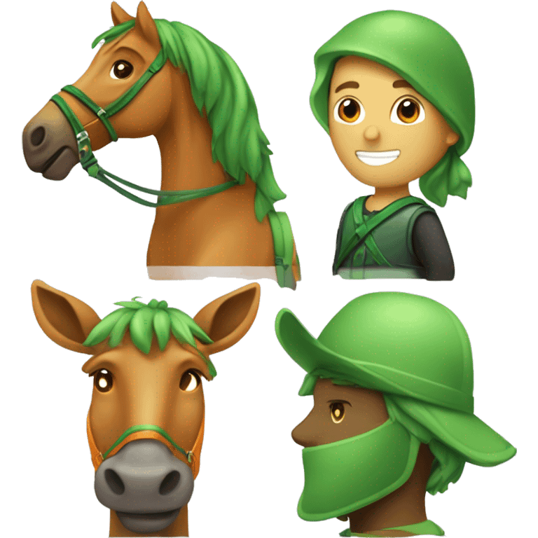 Ragazzo vestito arancione e verde che cavalca un cavallo emoji