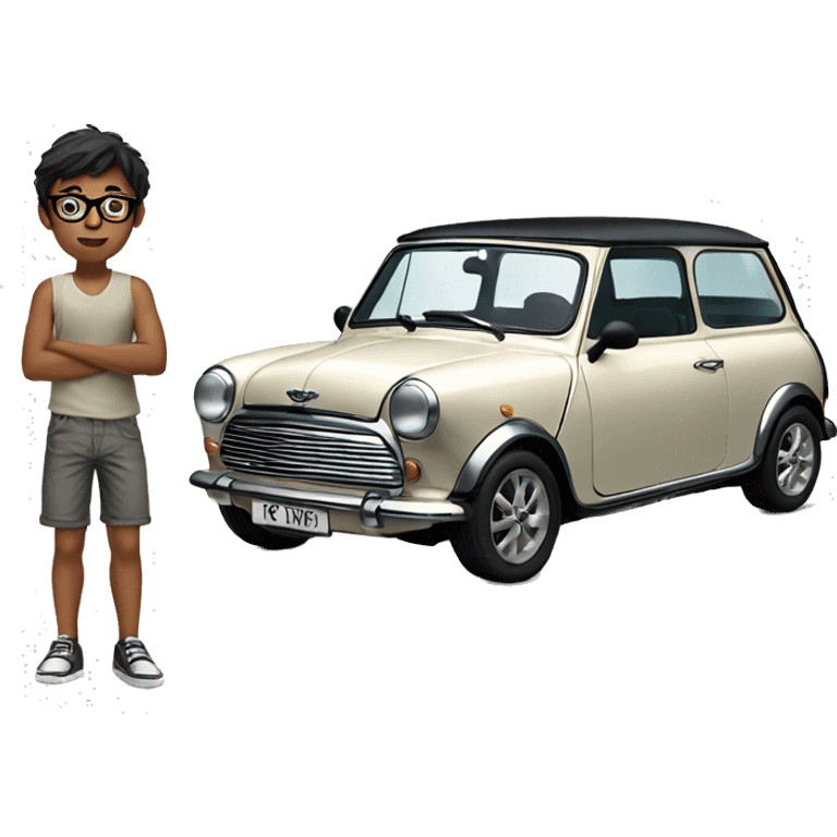 slender indian boy with glasses on shorts standing next to an old white mini cooper emoji