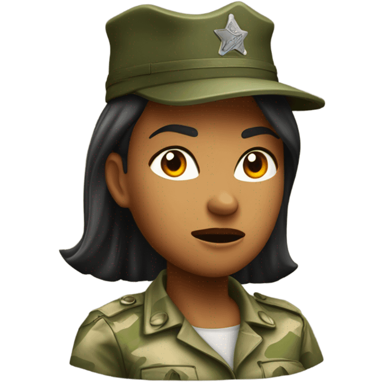 a female drill sergeant showing full torso wearing a classic sergeant hat and a camouflage army shirt. The character should have an angry intense expression.  emoji