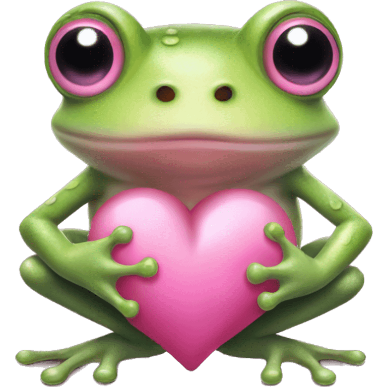 The frog holds a pink heart in its paws, and has a pink bow on its head emoji