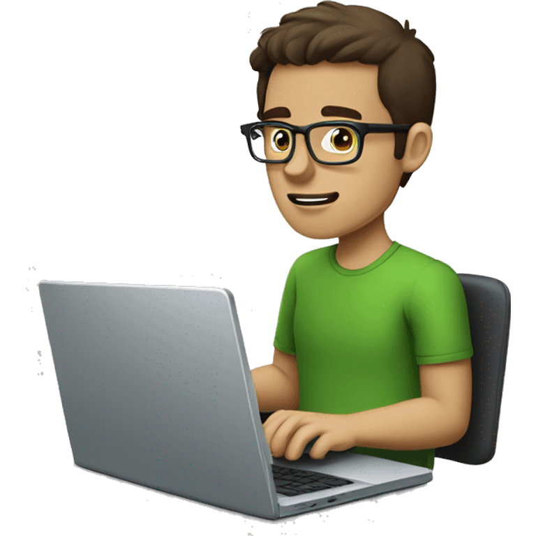 white guy with dark brown hair square glasses typing in laptop wearing green t-shirt working in call center emoji