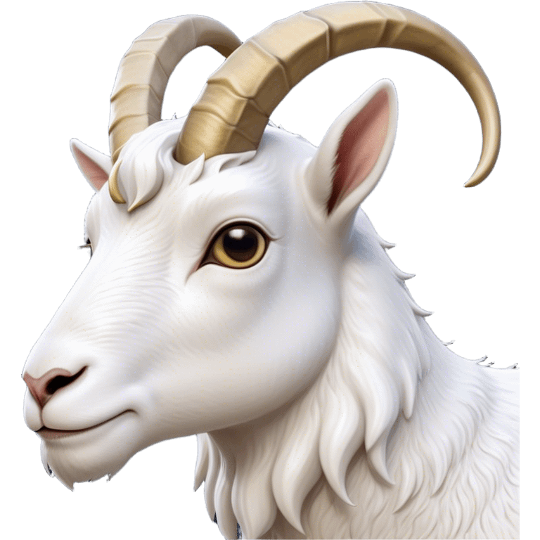 Cinematic Noble White Goat Portrait Emoji, Poised and regal, with a sturdy, agile build and a pristine, smooth white fur accented by gracefully curved horns, deep-set soulful dark eyes, Simplified yet sharp and sophisticated features, highly detailed, glowing with a soft, dignified glow, high shine, intelligent and spirited, stylized with an air of pastoral elegance, focused and attentive, soft glowing outline, capturing the essence of a watchful and confident goat, so majestic it feels as though it could leap out of the screen with effortless authority! emoji