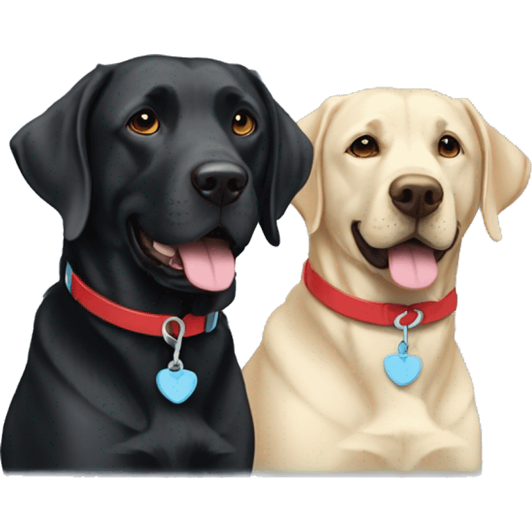 2 happy adult black labradors, one has a red collar, one has a light blue collar,side by side. emoji