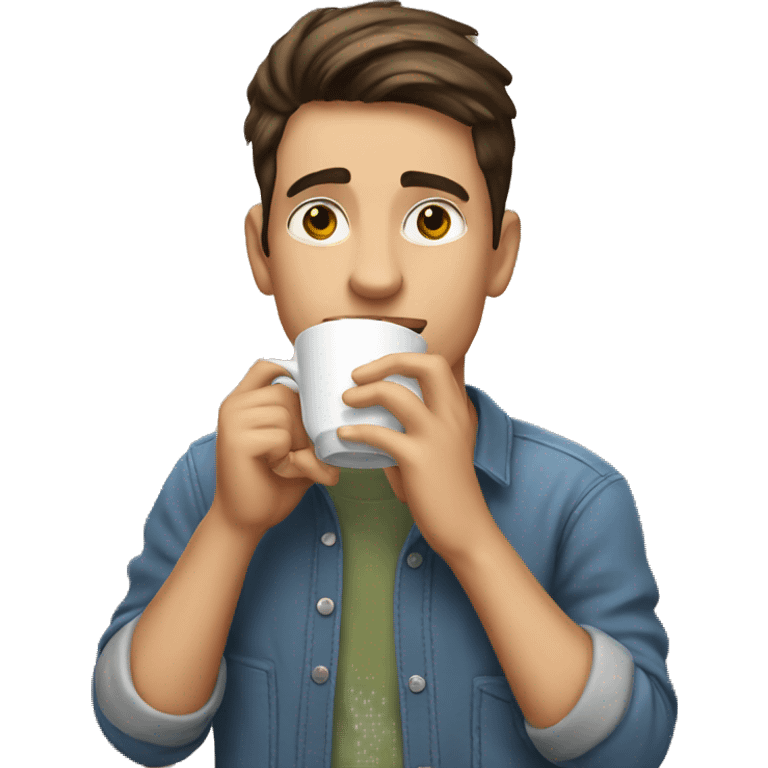 casual indoor portrait of boy is drinking coffee emoji