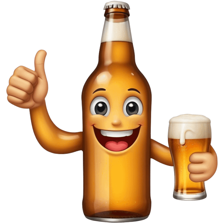 A beer bottle with a big smile and expressive eyes giving a BIG thumbs-up emoji