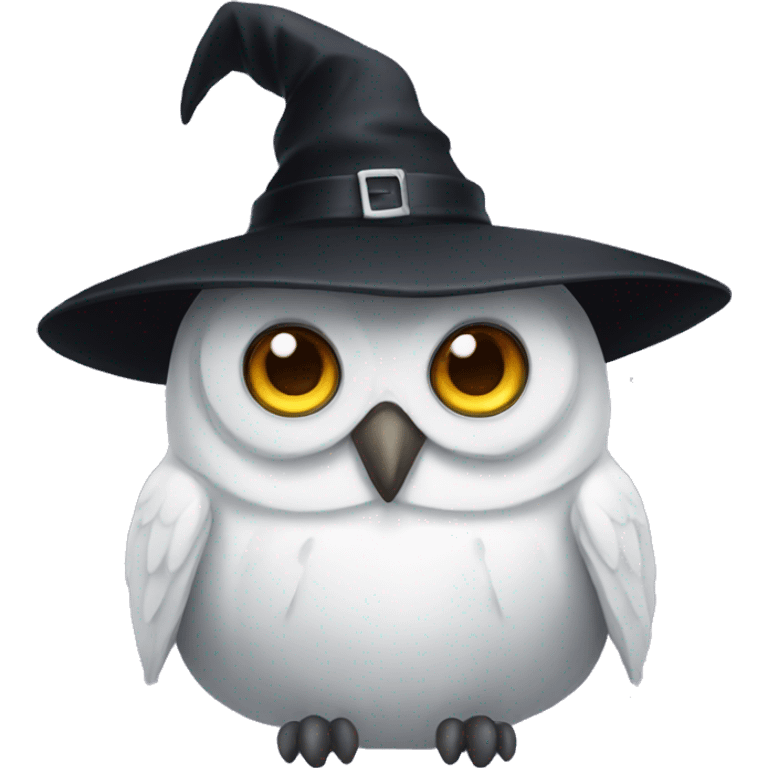 white owl wearing black witch hat emoji