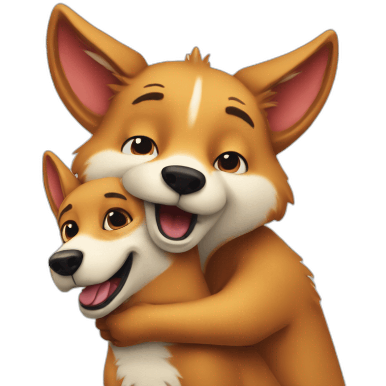 Anthropomorphic dingo giving an anthropomorphic bird a hug emoji