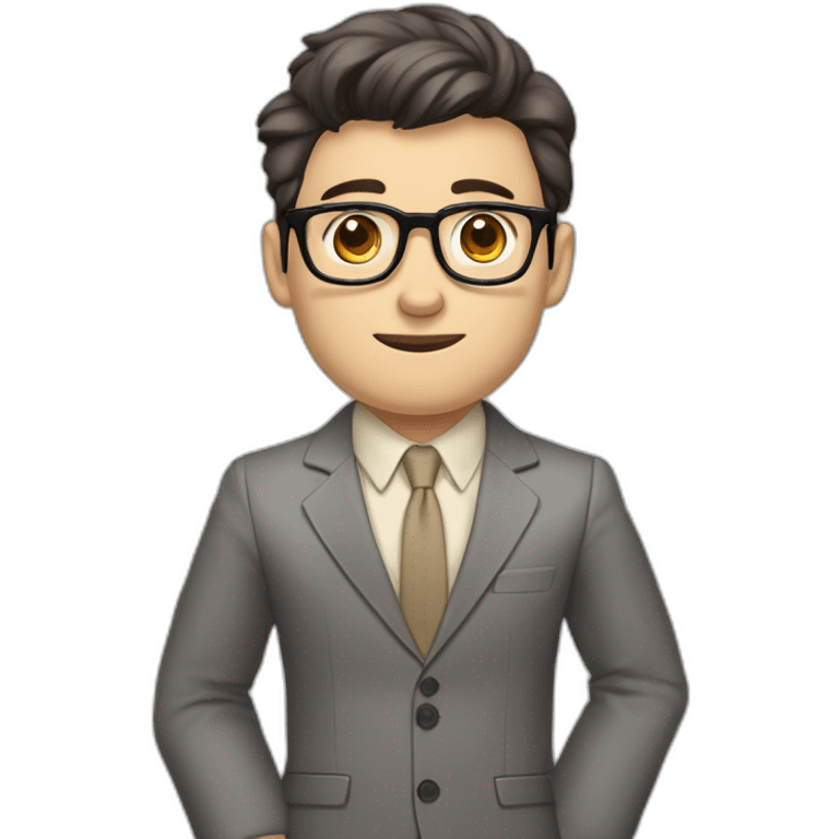 Full height Pale skinned Fit Man With dark brown hair in classic gray suit, beige office shirt, dark gray tie, and vintage glasses. Thrumbs of his palms directed up emoji