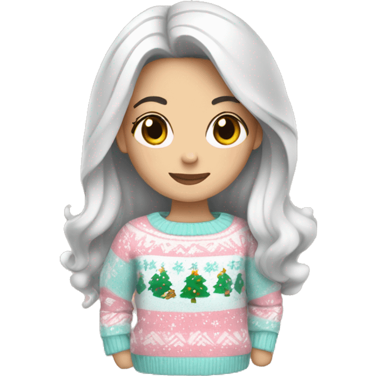 White girl with black hair wearing a Pastel Christmas sweater emoji